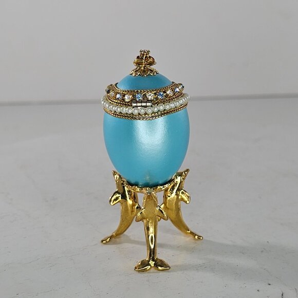 Kingspoint Designs Quail Egg Trinket Hinged Box Gold Colored Dolphin Legs - Picture 3 of 9